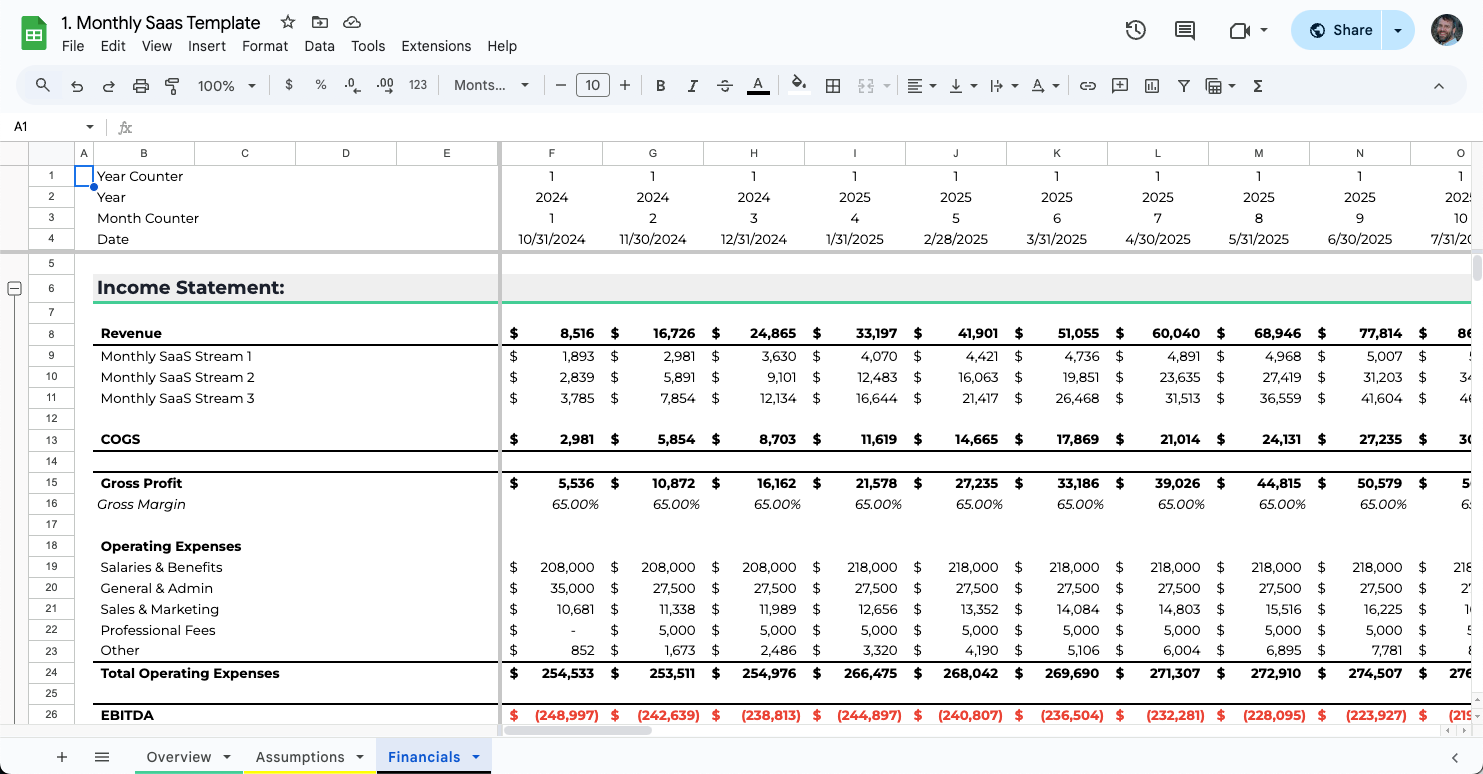 Screenshot of Forecastr's financial model template